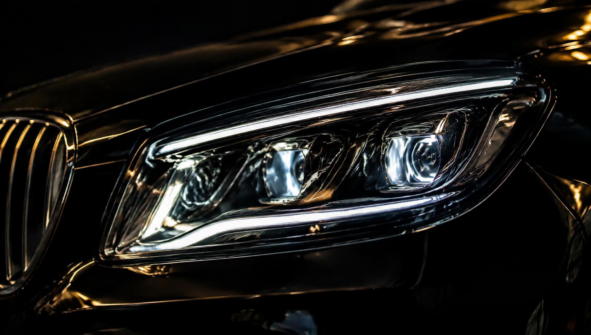Crystal-clear luxury car headlight glowing in the dark